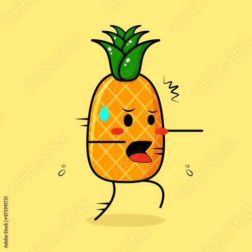 cute pineapple character with afraid expression and run. green and yellow. suitable for emoticon, logo, mascot or sticker