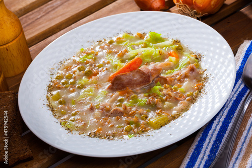 Scotch broth - filling soup from braising cuts of mutton with pearl barley and vegetable