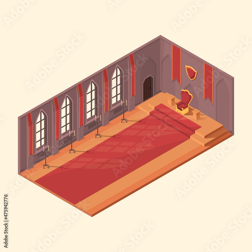 isometric throne room royal in castle with throne, vector illustration