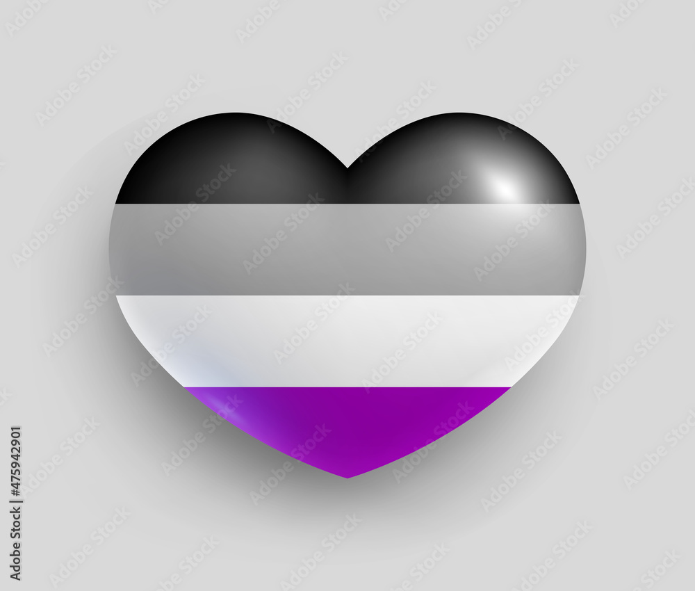 Asexual pride flag of heart shape, glossy badge. Lgbtq flag, official symbol of the community realistic vector illustration. Tolerance, freedom, rights, equality 3d button