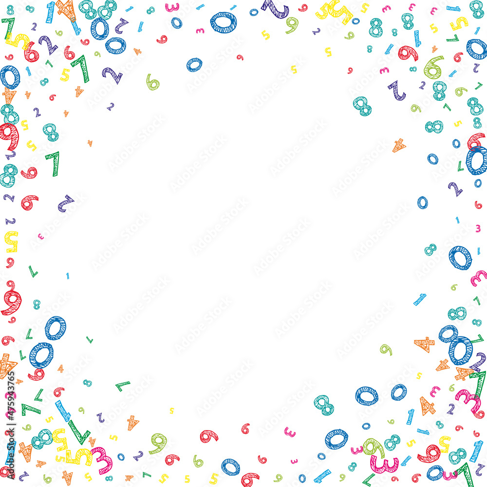 Falling colorful messy numbers. Math study concept with flying digits. Flawless back to school mathematics banner on white background. Falling numbers vector illustration. Falling colorful messy numbers. Math study concept with flying digits. Flawless back to school mathematics banner on white background. Falling numbers vector illustration.