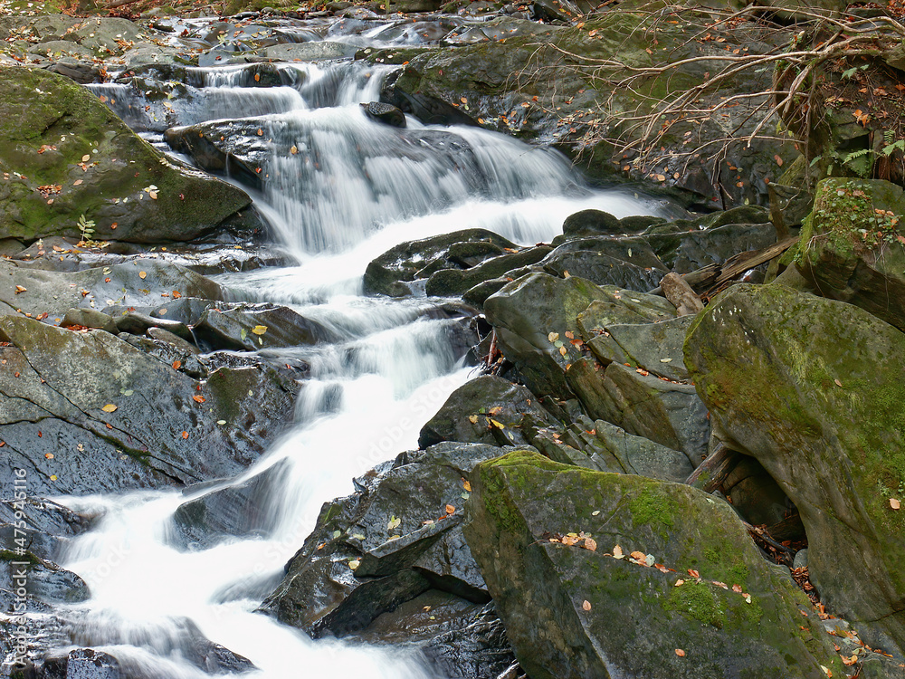 Fototapeta premium Szepit waterfall, Hylaty torrent, Bieszczady Mountains, Bieszczady, Zatwarnica, Polish Mountains and landscapes, the wildest region in the Poland, unique wooded landscapes,