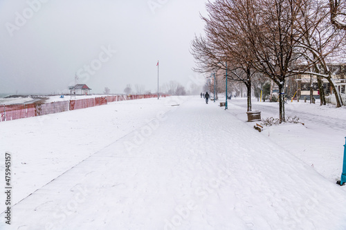 Photography The morning after a small snow storm  in Toronto’s iconic Beaches neighbourhood in December, people are out walking with their dogs along the boardwalk and the shoreline