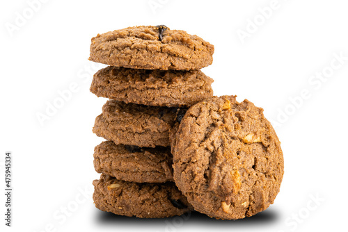 Tower of delicious chocolate chip butter cookies isolated on white background.