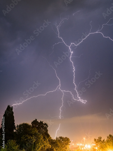 Branched lightning strike against the background of trees and the city in the distance