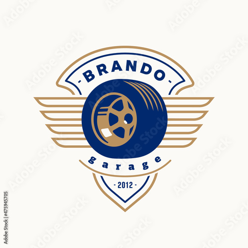 Winged tyre logo template. Vintage style vector illustration element for retro design label. Suitable for garage, shops, tires, car wash, car restoration, repair and racing. Garage logo design