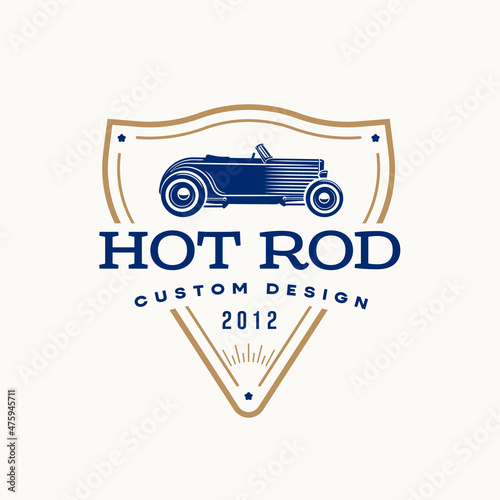 Hot rod car logo template vintage style vector illustration element for badge or label retro design. Classic vehicle silhouette.