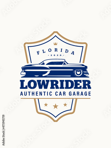 Lowrider logo template. Vintage style vector illustration element for retro design label. Suitable for garage, shops, tires, car wash, car restoration, repair and racing. Authentic car garage logo
