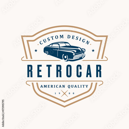 Retro car logo template. Vintage style vector illustration element for retro design label. Suitable for garage, shops, tires, car wash, car restoration, repair and racing. Hot rod classic car logo