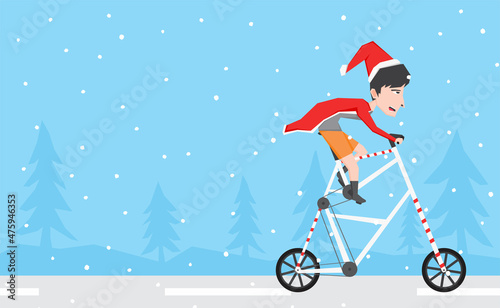 An illustration of a boy with Santa Claus costume riding a tall bike in the snowy road
