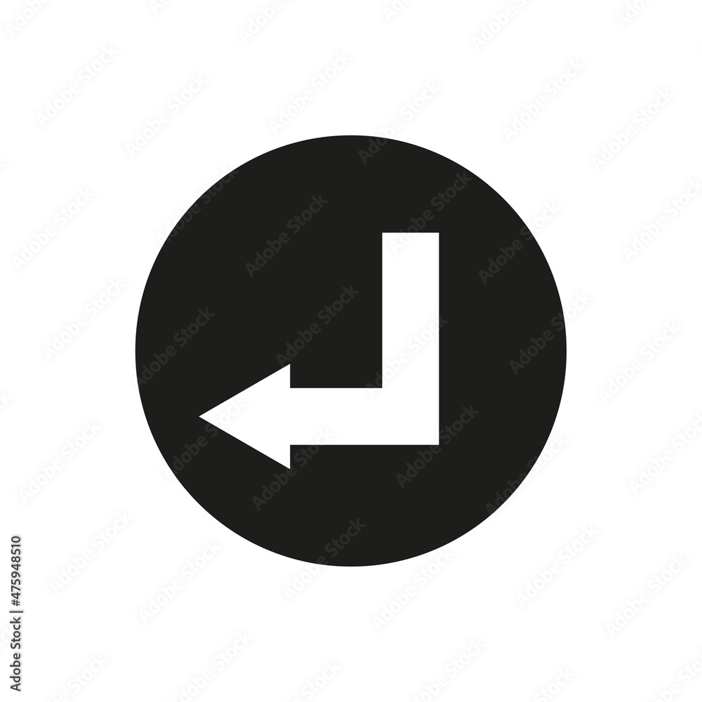 Corner down left arrow. Black circle. Angular sign. Navigation element. Simple design. Vector illustration. Stock image. Corner down left arrow. Black circle. Angular sign. Navigation element. Simple design. Vector illustration. Stock image.