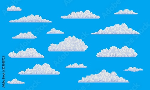 White pixel fluffy bubble clouds on blue sky. 8 bit art game vector background of cloudy heaven with mine craft block clouds, pixelated cloudscape backdrop with mosaic texture, arcade videogame ui