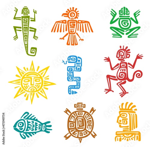 Mayan aztec totem with isolated vector symbols of animals and birds. Ancient Mexican tribal eagle, snake, turtle and lizard, aztec god, pyramid, sun and monkey, fish, frog, raven with ethnic pattern photo