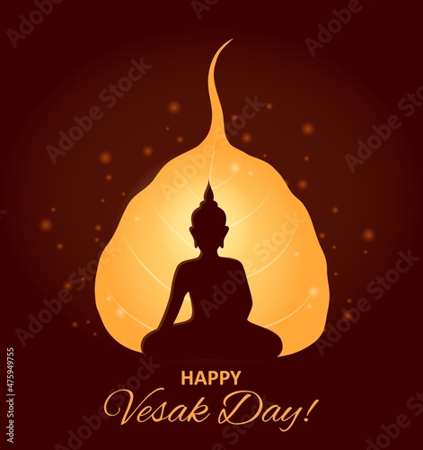 Vesak day or Happy Wesak, Buddha in lotus for Buddhism holiday vector greeting card. Vesak of Hindu Buddha birth holiday background with monk in meditation and lantern leaf silhouette