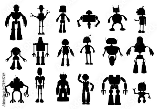Robots and droids silhouettes, black vector cyborgs. Artificial intelligence androids and humanoids with arms, legs, antennas and wheels. Smart ai bots technology, machines isolated objects set