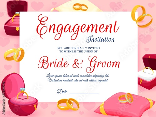 Engagement invitation with golden rings, wedding card to invite for marriage, vector design template. Engagement invitation card with pink love hearts and diamond rings frame for bride and groom names