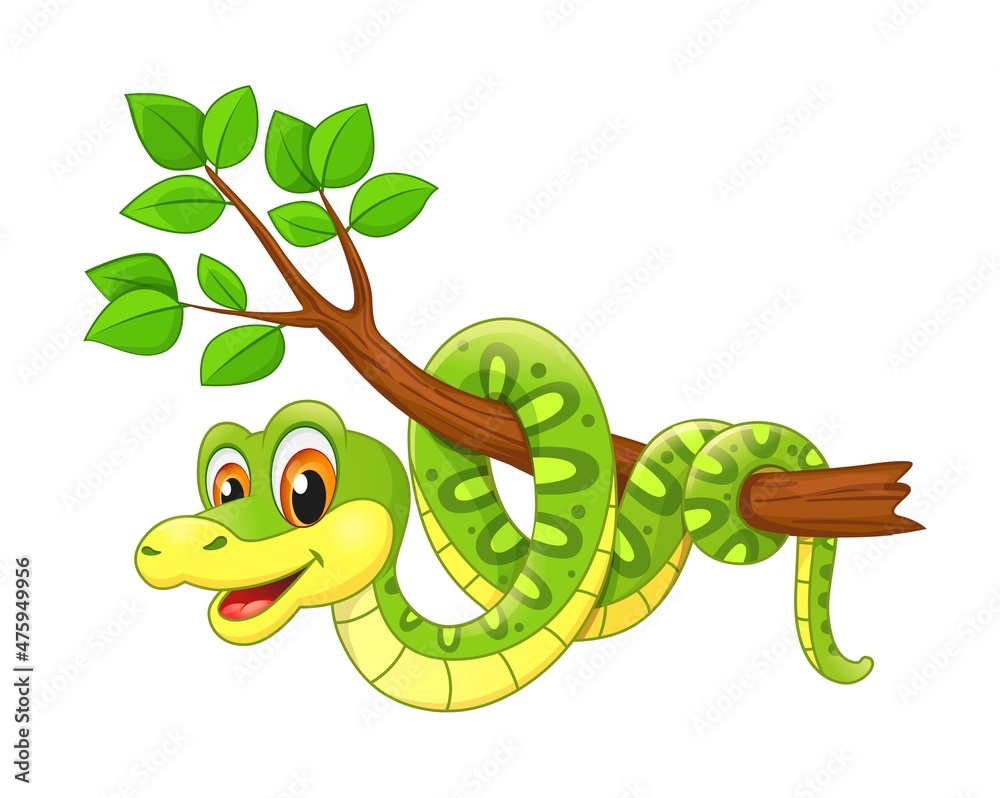 Cartoon cute funny python snake on jungle tree, vector green anaconda.  Serpent animal or snake character, on forest tree, happy reptile cobra or  rattlesnake with friendly smile on face Stock Vector |