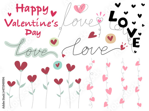 Hand-written letters and heart shape elements designed in red and pink tones in doodle style, for decoration, valentine's day, father's day, mother's day, card, mug, t-shirt pattern, template and more
