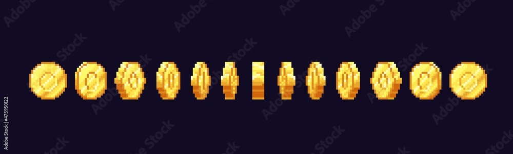 Golden coin animation of 8 or 16 bit pixelated money coin rotated frames, vector pixel art game. Retro arcade videogame ui element of gold currency, level bonus, gift, treasure gold sprite flip effect