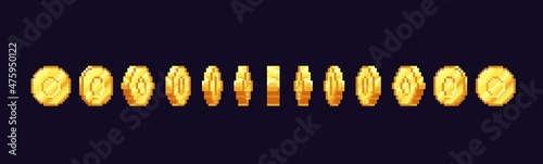 Golden coin animation of 8 or 16 bit pixelated money coin rotated frames, vector pixel art game. Retro arcade videogame ui element of gold currency, level bonus, gift, treasure gold sprite flip effect
