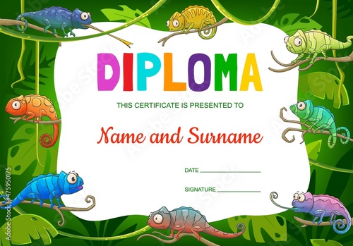Kids diploma cartoon chameleon lizards in jungle. Education vector award frame template for school or kindergarten graduation. Personal certificate with funny tropical animals on palm tree branches