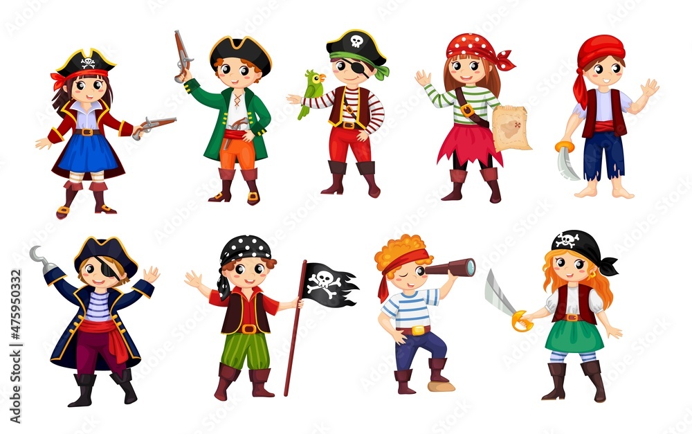 Cartoon happy smiling boy and girl pirates or kids corsairs, vector icons. Children in costumes of pirates with captain tricorne hat and hook hand, bandanna and pirate eye patch with Jolly Roger flag