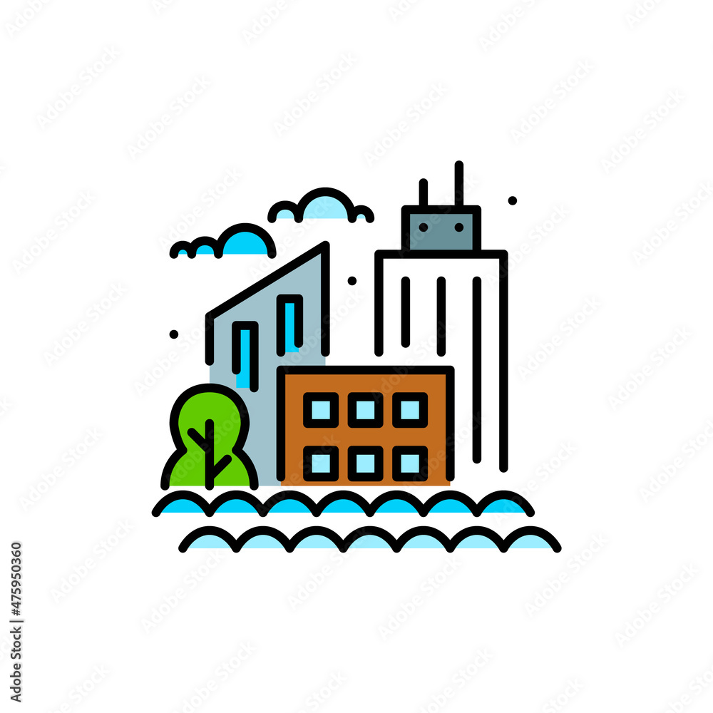Flooded city. Skyscrapers and trees drowning in water. Pixel perfect, editable stroke colorful icon