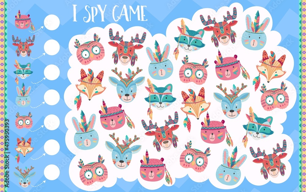 Cartoon Indian animals, kids I spy riddle game, vector find and match board game. Kids tabletop puzzle or I spy game with Indian tribal boho fox, raccoon and elk or deer, bunny rabbit and owl bird