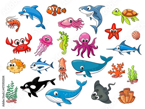 Fototapeta Naklejka Na Ścianę i Meble -  Cartoon underwater animals characters, vector fishes of ocean or sea. Funny undersea fishes and coral reef or aquarium creature, octopus and starfish with dolphin, shark and jellyfish with turtle