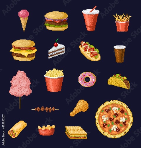 8 bit pixel art fast food and drinks vector icons of retro video game set. Pixelated pizza, burger and sandwich, hamburger, coffee, hot dog, chicken leg and cake, taco, donut, fries, soda or ice cream