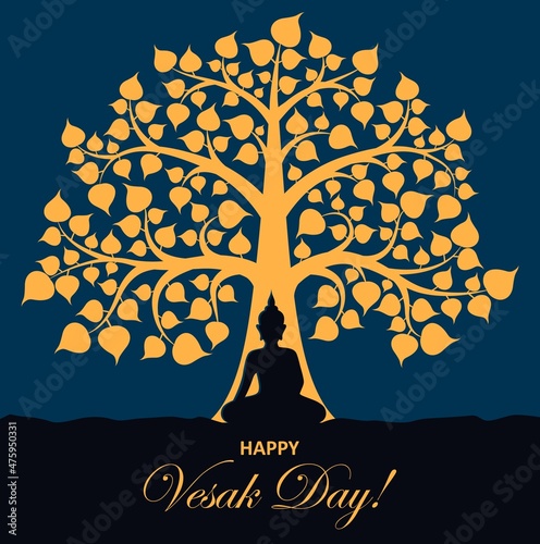 Vesak day and Buddha monk under tree, Happy Wesak Buddhism holiday, vector greeting card. Buddhist in lotus posture in meditation under holy tree silhouette, Hindu festival celebration background