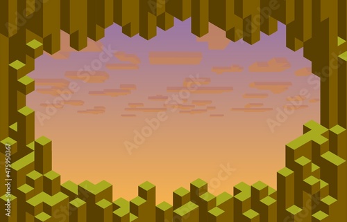 Cubic pixel game level background, mountains and cloudy sky. Vector frame of stone blocks, eight bit gaming interface 2d technology. Retro border or backdrop with rocks and dusk heaven, cave entrance