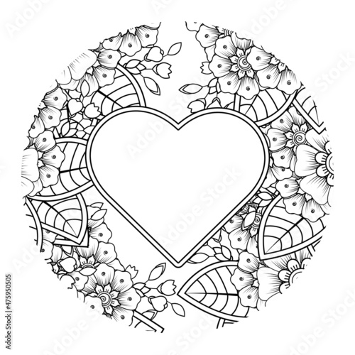 Mehndi flower with frame in shape of heart. decoration in ethnic oriental  doodle ornament.