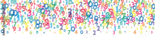 Falling colorful orderly numbers. Math study concept with flying digits. Ecstatic back to school mathematics banner on white background. Falling numbers vector illustration.