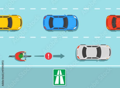 Isolated cyclist ignoring road or traffic rule and riding his bike on expressway. Traffic rules on highway, speedway, motorway. Cycling is not allowed on motorway. Flat vector illustration template.