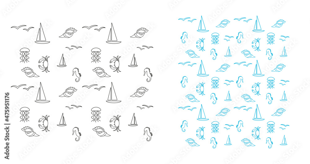 Sea pattern - seagulls, crab, sailboat, jellyfish, seahorse