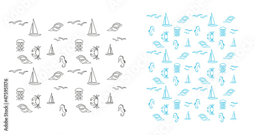 Sea pattern - seagulls, crab, sailboat, jellyfish, seahorse