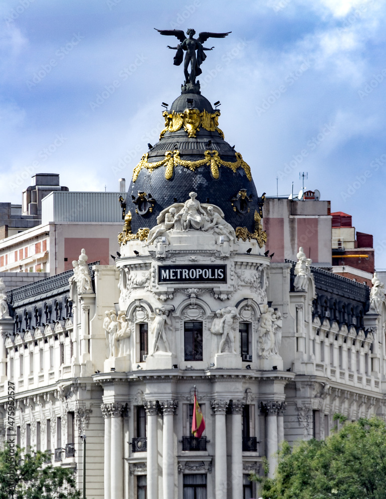Madrid, Spain - Sept. 28, 2013: Vertical view of The Metropolis Building or Edificio Metrópolis is an office building in Madrid, Spain, at the corner of the Calle de Alcalá and Gran Vía.