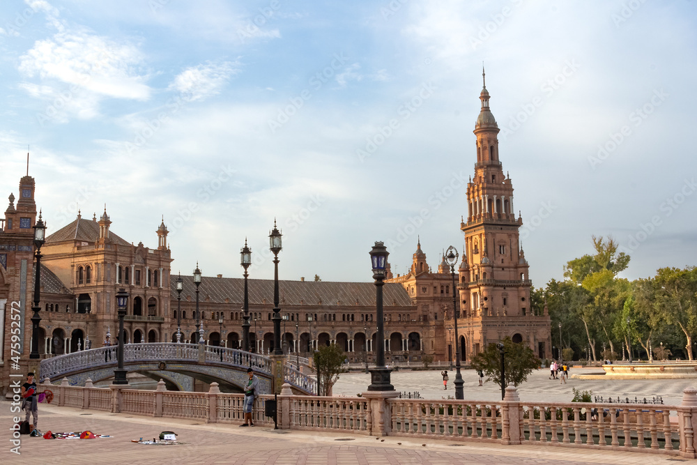 Seville, Spain - Sept. 24, 2013: View of the Plaza de España, a plaza in the Parque de María Luisa in Seville, Spain. It was built in 1928 for the Ibero-American Exposition of 1929