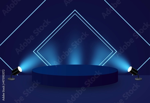 Realistic modern blank product podium scene. Cylinder pedestal podium with lighting. Blue podium with light effect. Modern vector rendering geometric platform for product presentation.