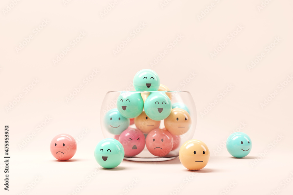 Set of emoji emoticons with sad and happy mood in jar glass, evaluation, Increase rating, Customer experience, Satisfaction and best excellent services rating concept, 3d render. Set of emoji emoticons with sad and happy mood in jar glass, evaluation, Increase rating, Customer experience, Satisfaction and best excellent services rating concept, 3d render.