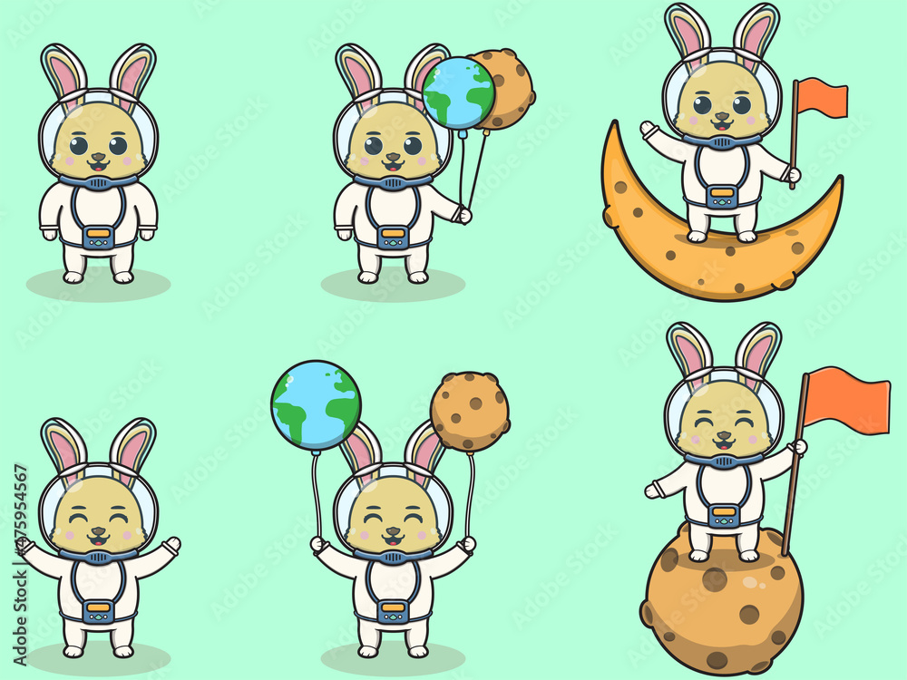 Naklejka premium Vector Illustration of Cute Rabbit with an astronaut costume. Funny Rabbit Wearing Astronaut Costumes or Spacesuit Vector Set. Flat Cartoon Style.