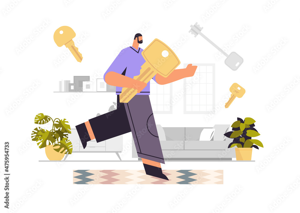 man holding big key buying or renting new apartment house or car vehicle sale real estate rent concept