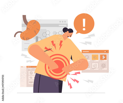 woman suffering from abdominal pain injury on belly painful area highlighted in red color girl having stomach ache portrait
