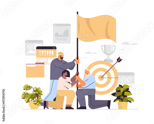 mix race businesspeople holding flag business competition challenge goal achievement leadership successful teamwork