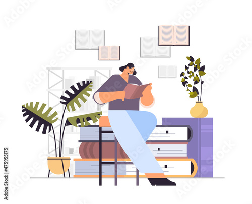 woman reading book self education distance studying literature fan concept horizontal full length