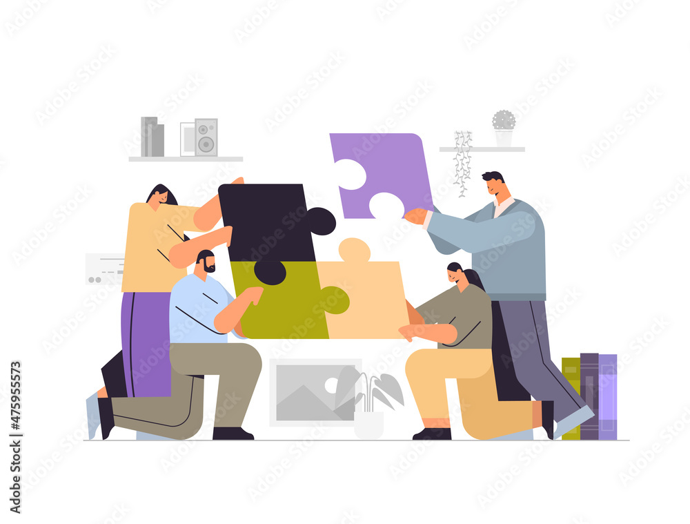 businesspeople team putting parts of puzzle together problem solution teamwork concept
