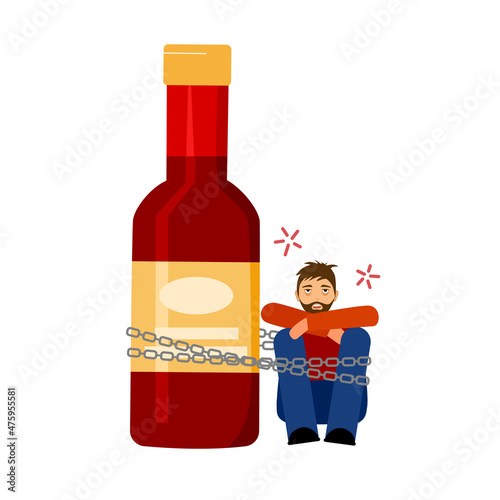 Drunk man sitting and chained with big alcohol bottle in flat design. Alcoholic character. Alcohol addiction.