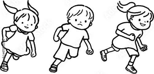 Line art. Boys and girls are running hard.