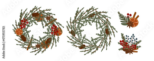 christmas wreath set. Isolated decorative element on white background. Eco natural material. Modern design template for postcard, advertisement, poster, offer, flyer. Vector illustration, hand-drawn